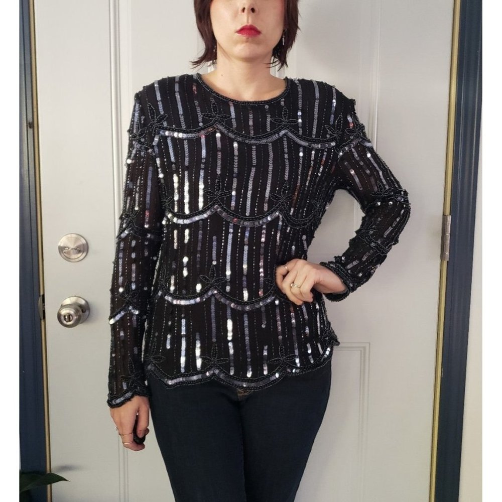 80s Black Silk Beaded Top